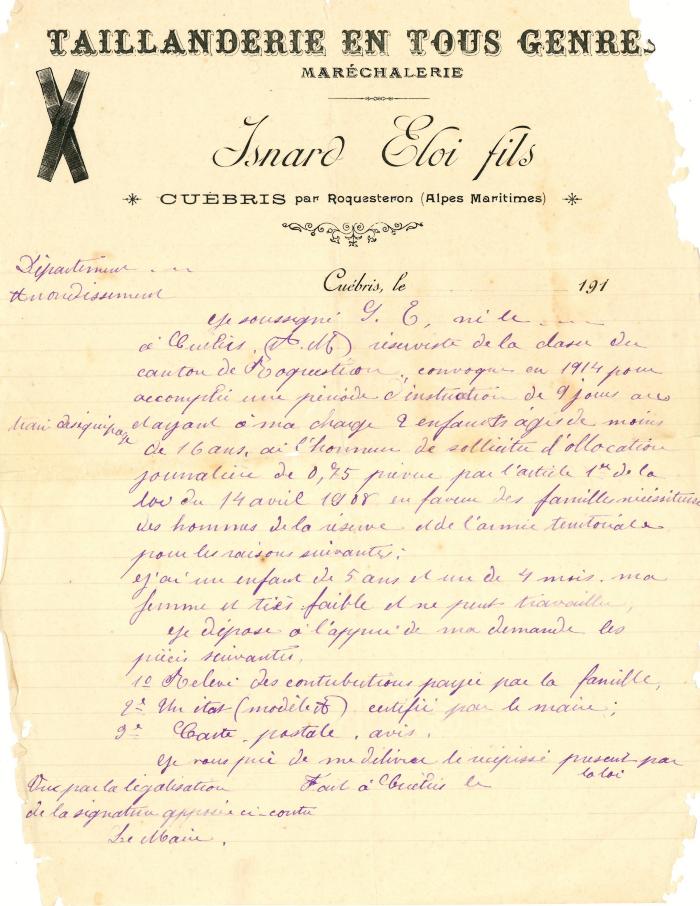 [Brouillon à entête manuscrite d'une lettre de Mr Isnard Eloi qui sollicite une allocation pour sa famille à titre de réserviste ]