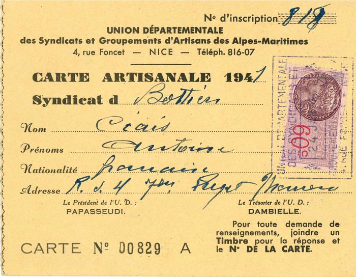 Carte artisanale 1941 adressée à Ciais, Antoine