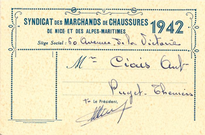 arte d'adhésion au Syndicat des marchands de chaussures, de Nice et Alpes-Maritimes appartenant à Ciais Antoine, 1942.