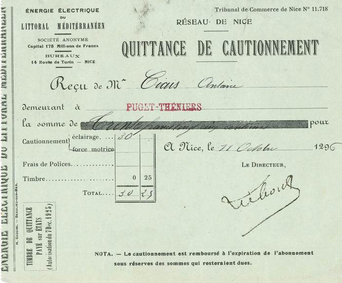 Quittance de Cautionnement. Energie électrique du Littoral Méditérranéen