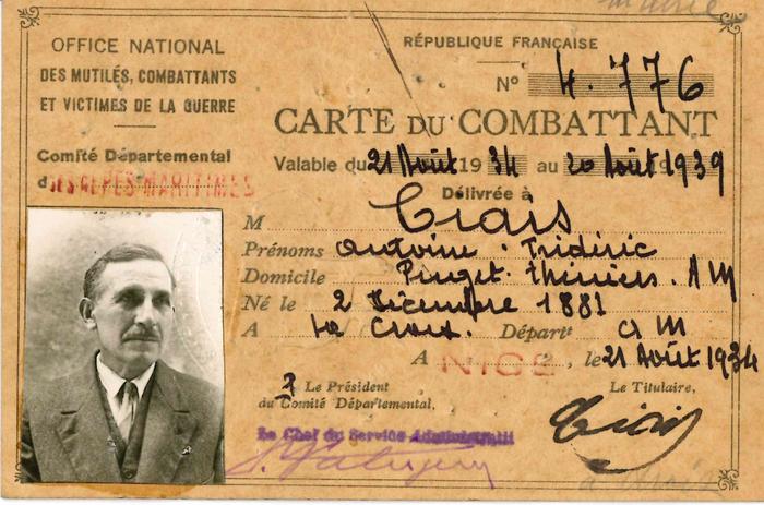 Carte du combattant délivrée à Ciais, Antoine. 21 aôut 1934.(recto)