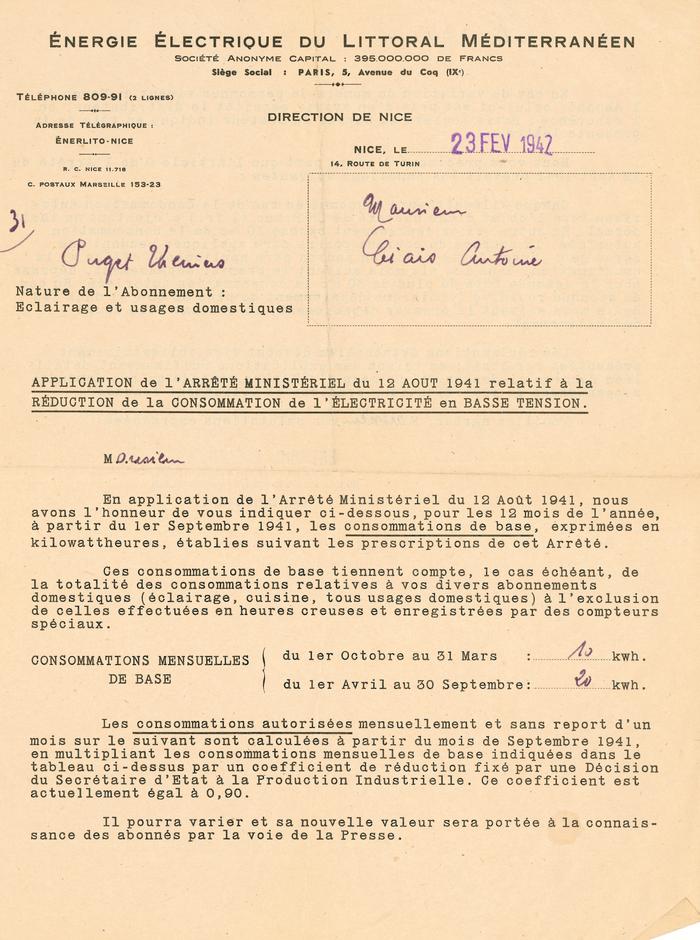 Energie électrique du littoral méditerranéen.  Application de l'arrêté ministériel du 12 août 1942 relatif à la réduction de la consommation de l'électricité en basse tension. (recto)