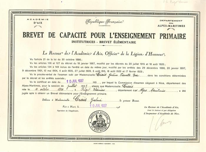 Brevet de capacité pour l'enseignement primaire. Institutrices - Brevet élémentaire, 1937.
