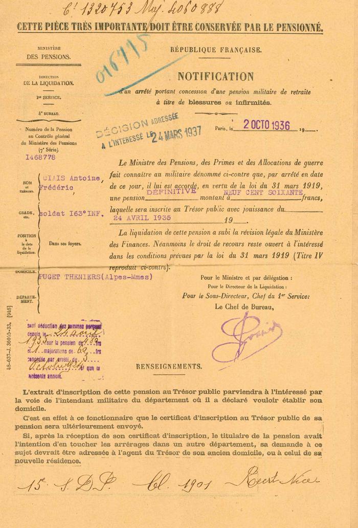Notification d'un arrêté portant concession d'une pension militaire de retraite à titre de blessures ou infirmités, [délivrée à Antoine Ciais le 2 octobre 1936.]