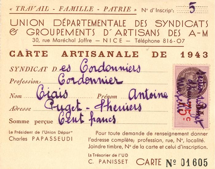 Carte artisanale 1943 adressée à Ciais, Antoine