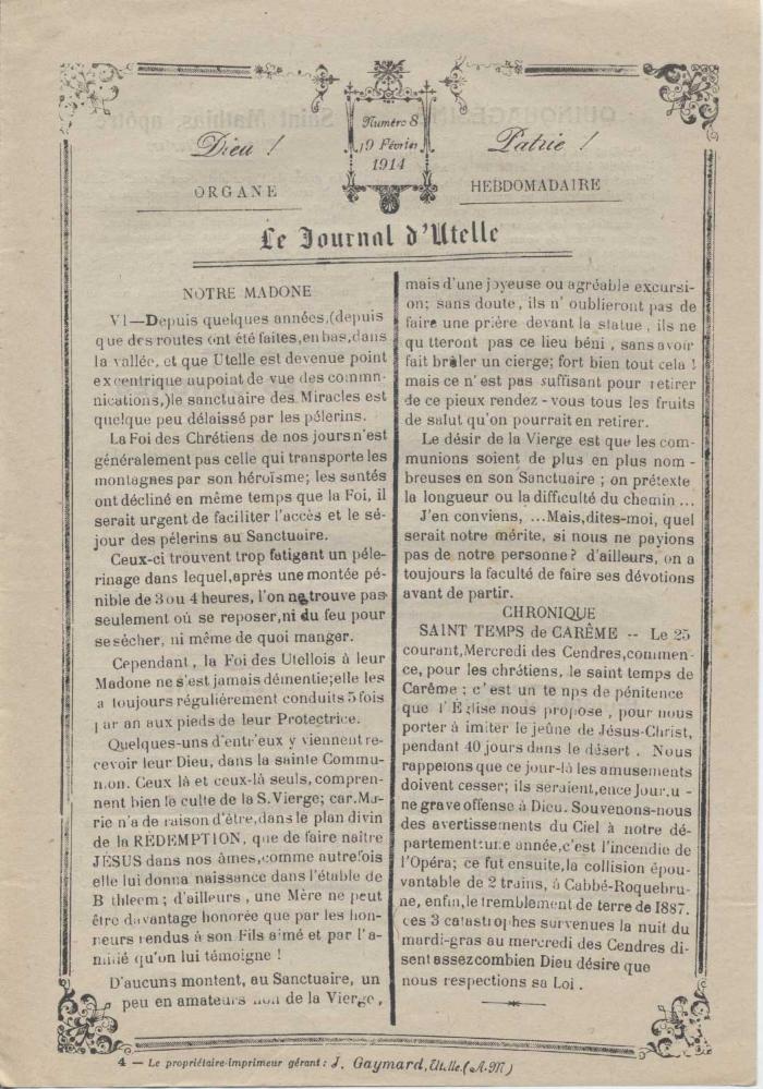 Le journal d'Utelle n°8, 19 Février 1914.