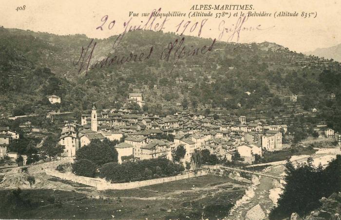 ALPES-MARITIMES. Vue sur Roquebillière (Altitude 578m) et le Belvédère (Altitude 835m)