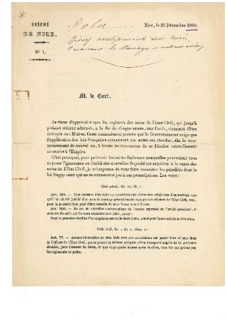 Divers avertissements aux curés, concernant les mariages et inhumations. Nice, le 30 Décembre 1860