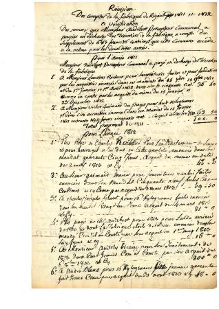 Révision des comptes de la fabrique de Rigaud pour 1811 et 1812 et vérification des sommes que Monsieur Audibert percepteur communal a payées en décharge des trésoriers de la Fabrique a compte du supplément de 6164 francs 76 centimes que cette commune accorda à la même pour les deux dites années