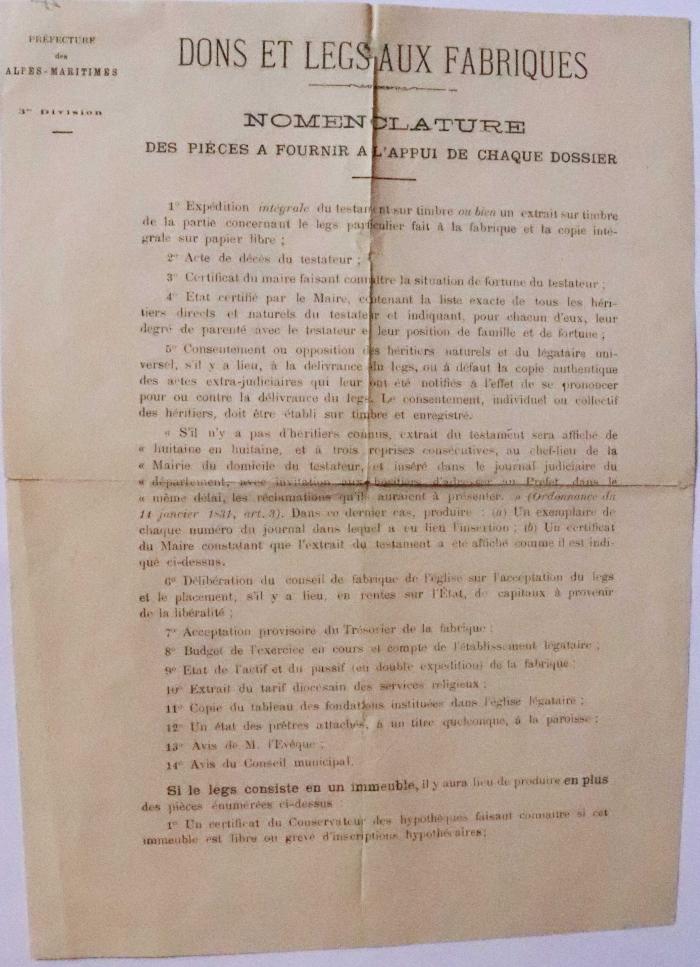 DONS ET LEGS AUX FABRIQUES NOMENCLATURE DES pièces A FOURNIR A L'APPUI DE CHAQUE DOSSIER
