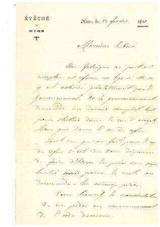 [Lettre de l'évêché de Nice au curé de Rigaud le 13/02/1891]